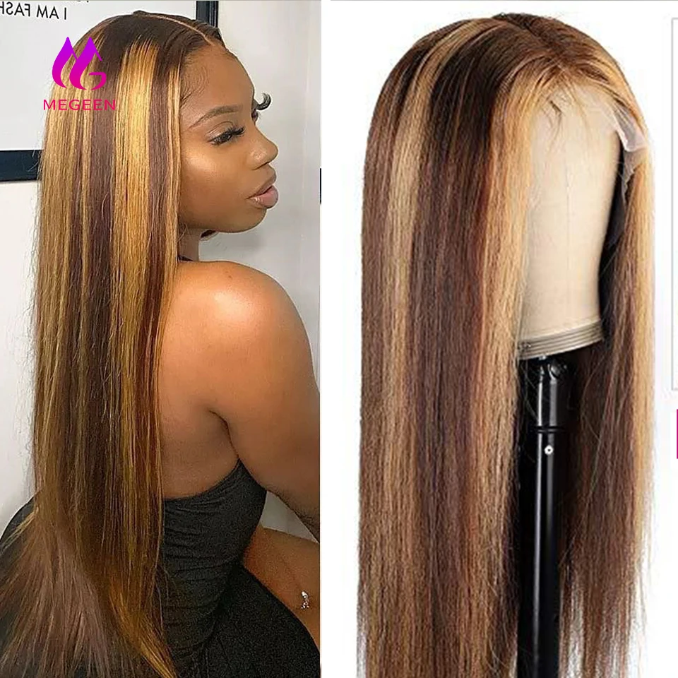 Megeen  P427 Colored 100% Human Hair Highlight Straight 13X4 Lace Front Wigs Human Hair Pre Plucked Honey Blonde Lace Front Wig