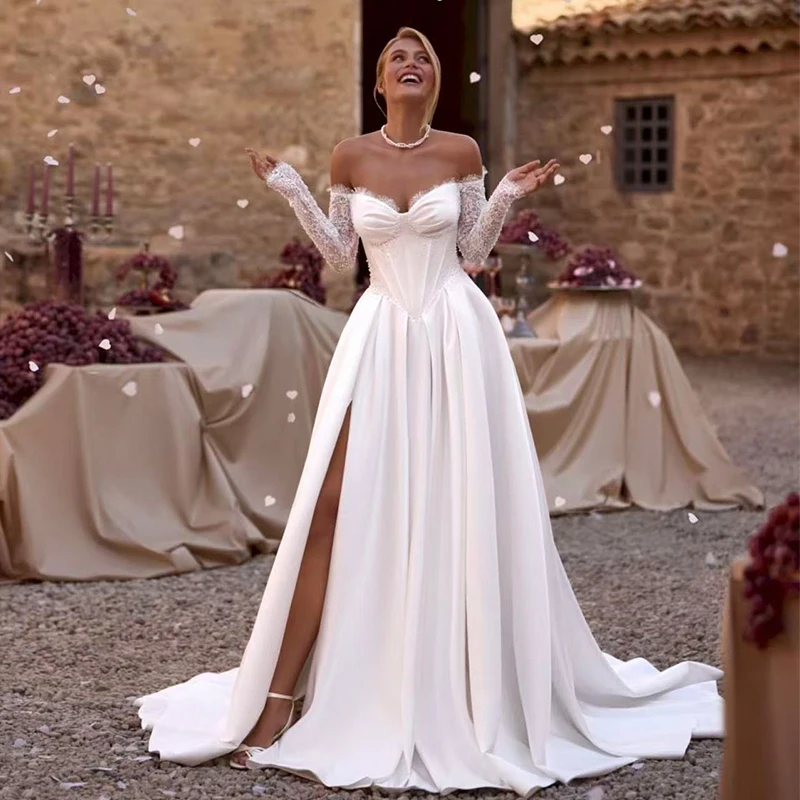 

Luxury Wedding Dress Fully Embroidered Lace A-Line Floor Length Ball Gown Strapless Sleeveless Customized Bride Vestido De Novia