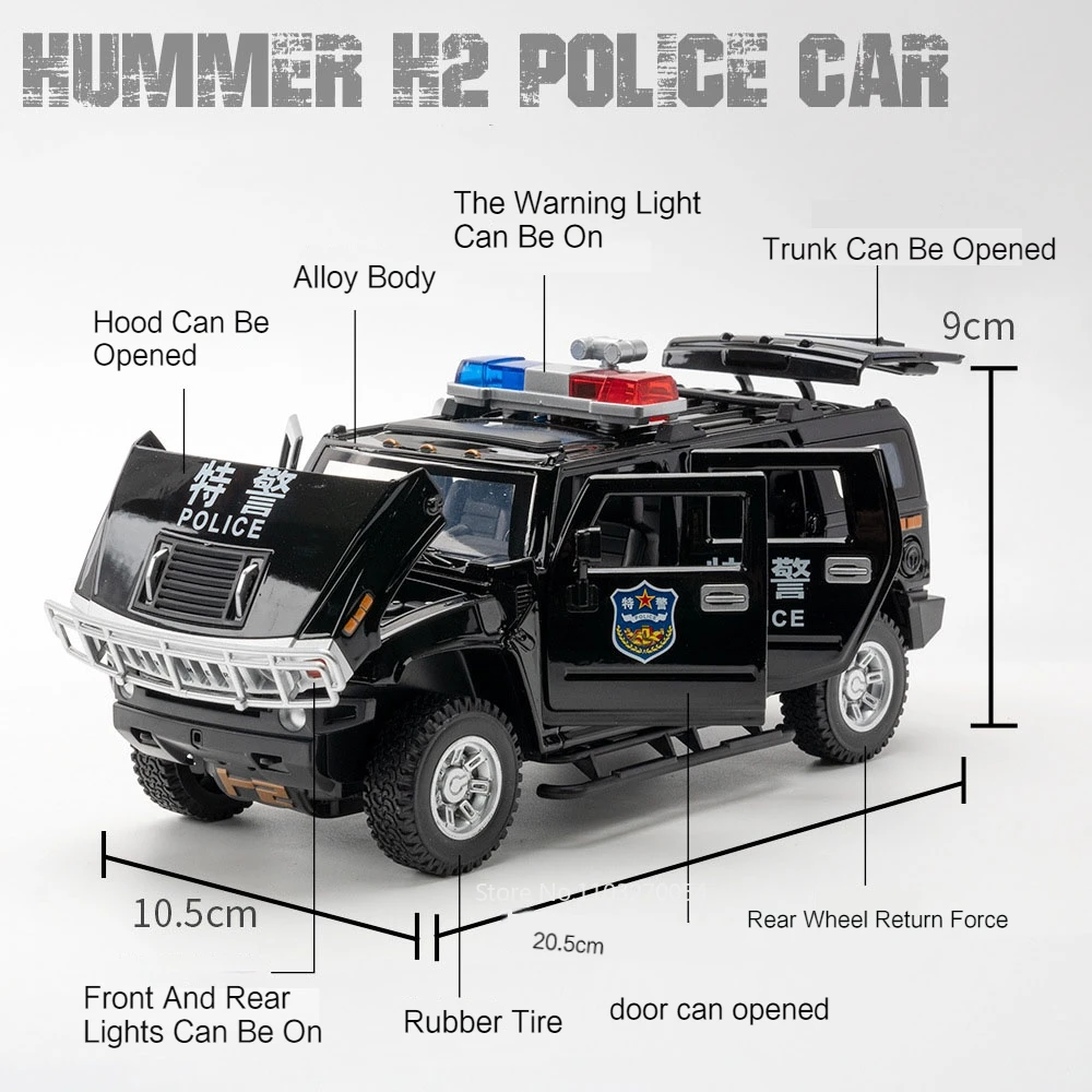 1/24 Hummer H2 Police Toy Model Car Alloy Diecast 6 Doors Opened Sound Light Pull Back Rubber Tire Off-road Vehicle for Kid Gift