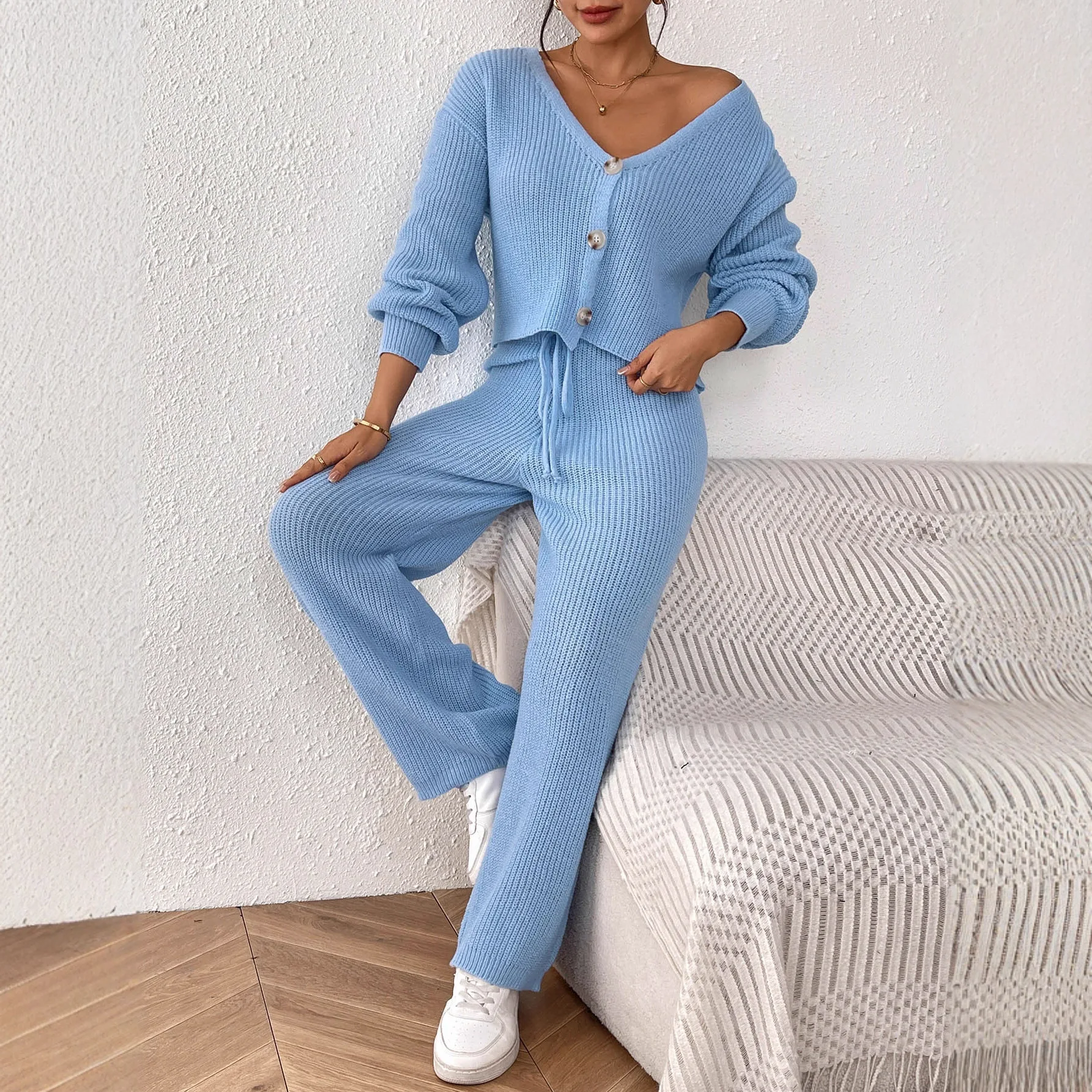 2026  Solid Color Knitted Set Women's V-neck Short Knitted Cardigan  Pullup Pants Versatile Women's Wear Pant Sets ﻿F