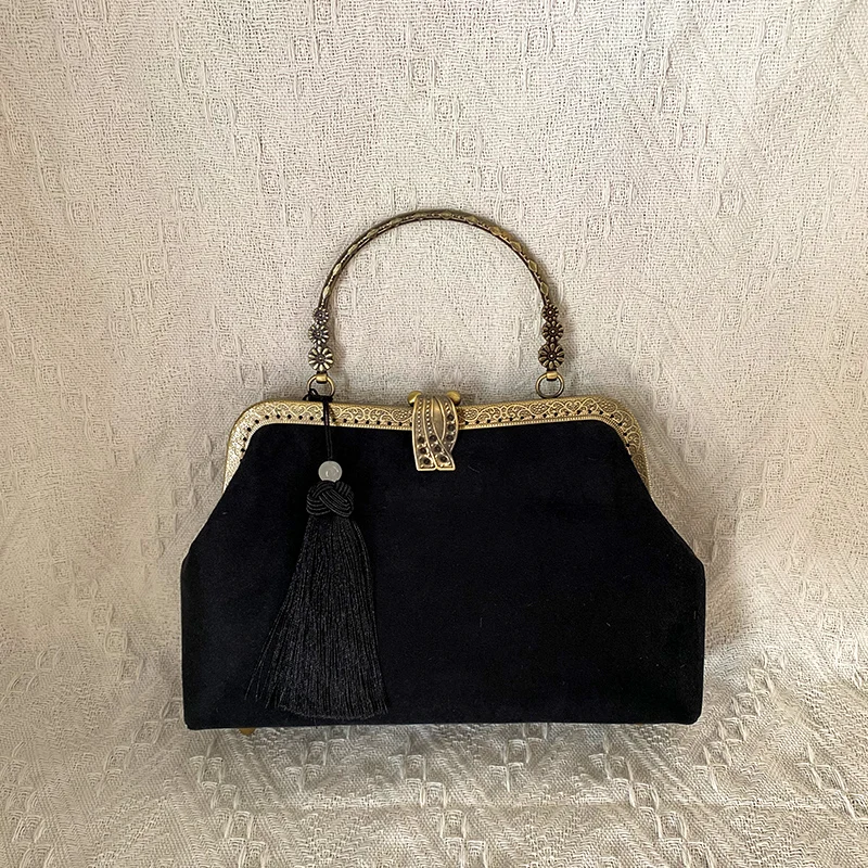 

Ретро-сумочка из вельвета с кисточками, женская сумка-тоут, большая, однотонная, в национальном стиле, подарок на фестиваль