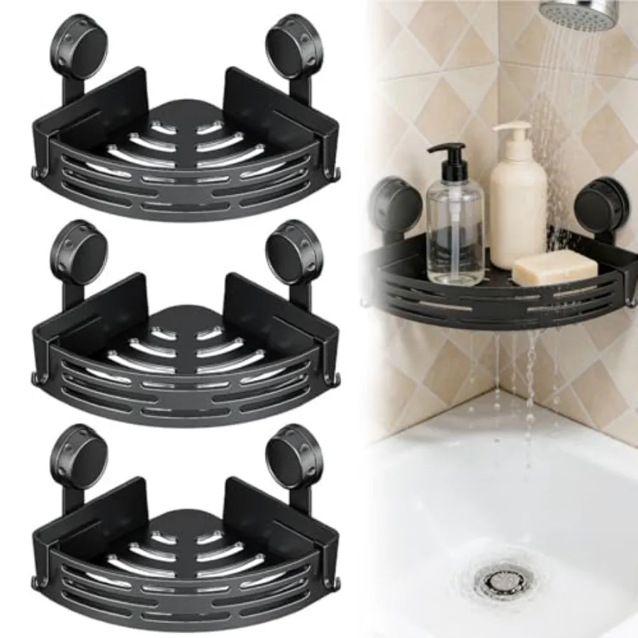 

2026 New Triangle Suction Cup Corner Shower Shelf - No Drilling Bathroom Storage Rack with Towel Bar Adhesive Organizer for Cor