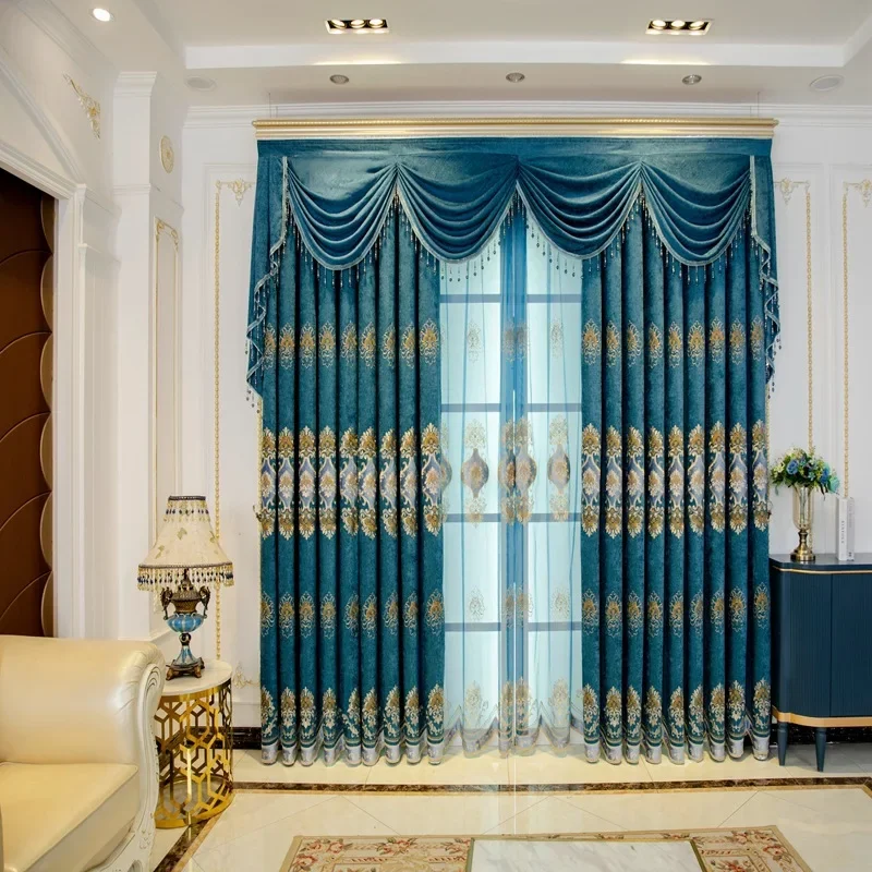 European Curtains for Living Room Bedroom Palace Style Blue Valance Shading Chenille Luxury Embroidered Curtain Custom