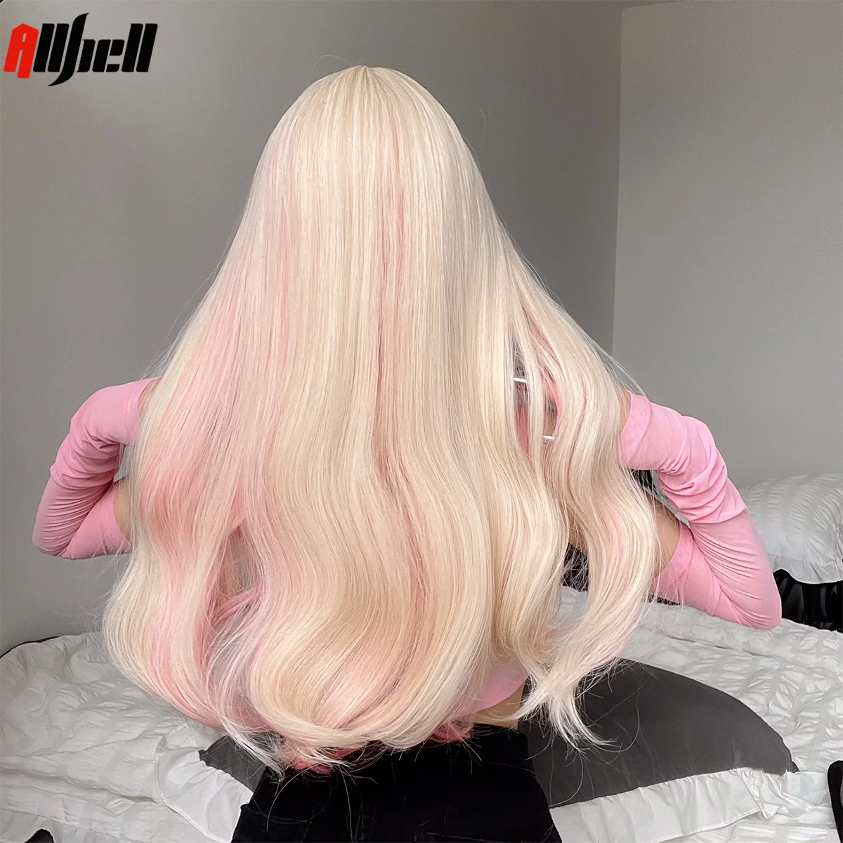 Synthetic Long Wavy Blonde Mixed Pink Wigs with Bangs for White Women Lolita Cosplay Halloween Wig Hair High Temperature Fiber