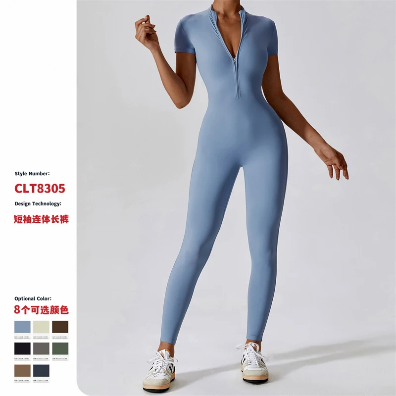 

Summer Yoga Set Women's Jumpsuits One-Piece Zipper Short Sleeve Gym Push Up Workout Clothes Fitness Bodysuit Sportswear