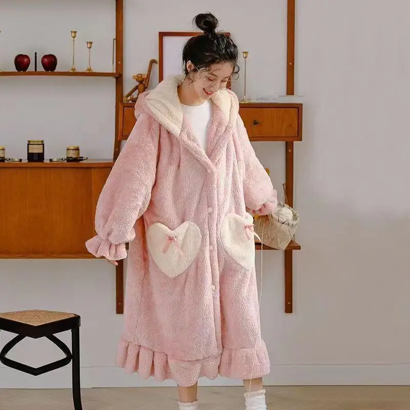 

Новый осенне-зимний пижамный комплект для девочек, кавайные пижамы с героями мультфильмов, милая ночная рубашка из кораллового флиса, теплая домашняя одежда Kawaii с капюшоном