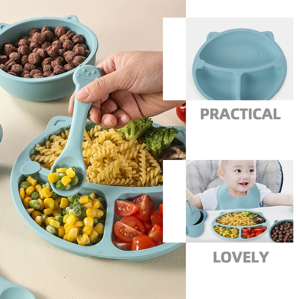 

1 set Kids Silicone Feeding Set Toddler Divided Plate Bowl Spoon Fork Cute Baby Tableware Gift Infant Feeding Bowls
