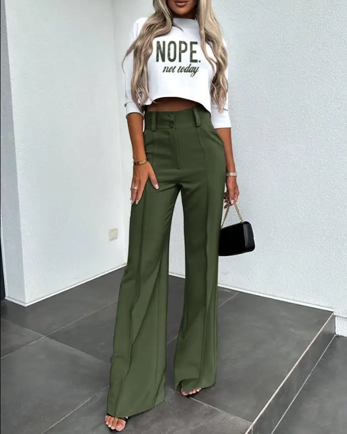 Elegant Office Lady Suits Fashion Spring Autumn O-neck Letter Print Tops & Long Pants 2Pc Matching Suits Casual Streetwear Sets