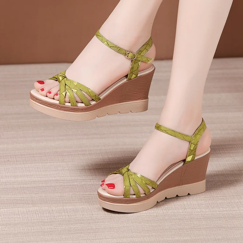 High quality wedge sandals for women 8cm high heel new 2024 summer size 32 33 42 43 platform open toe elegant shoe black beige