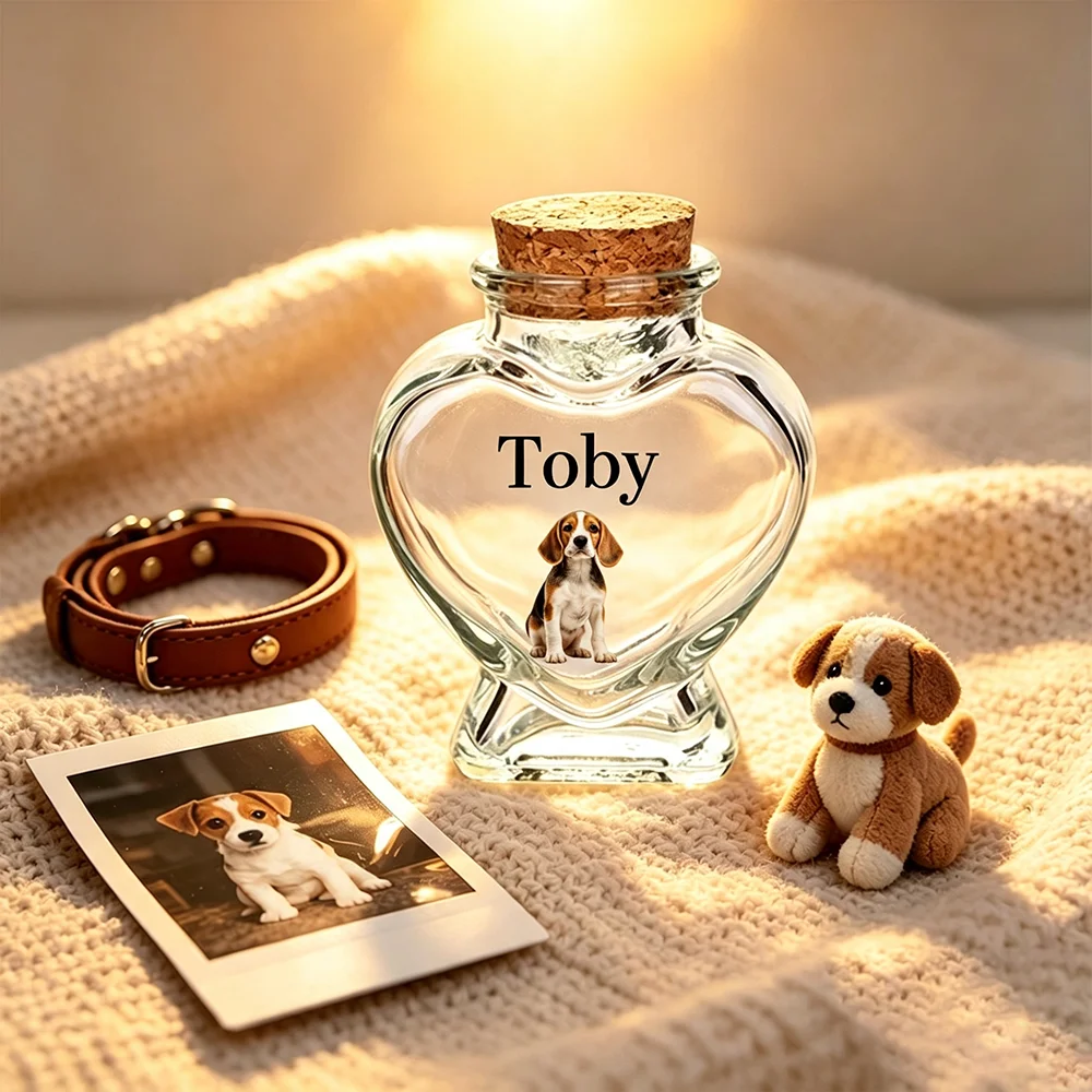 Personalized Pet Memorial Glass Jar Custom Pet Photo Keepsake Bottle for Dog Cat Hair Pet Loss Storage Box Gift for Pet Owners
