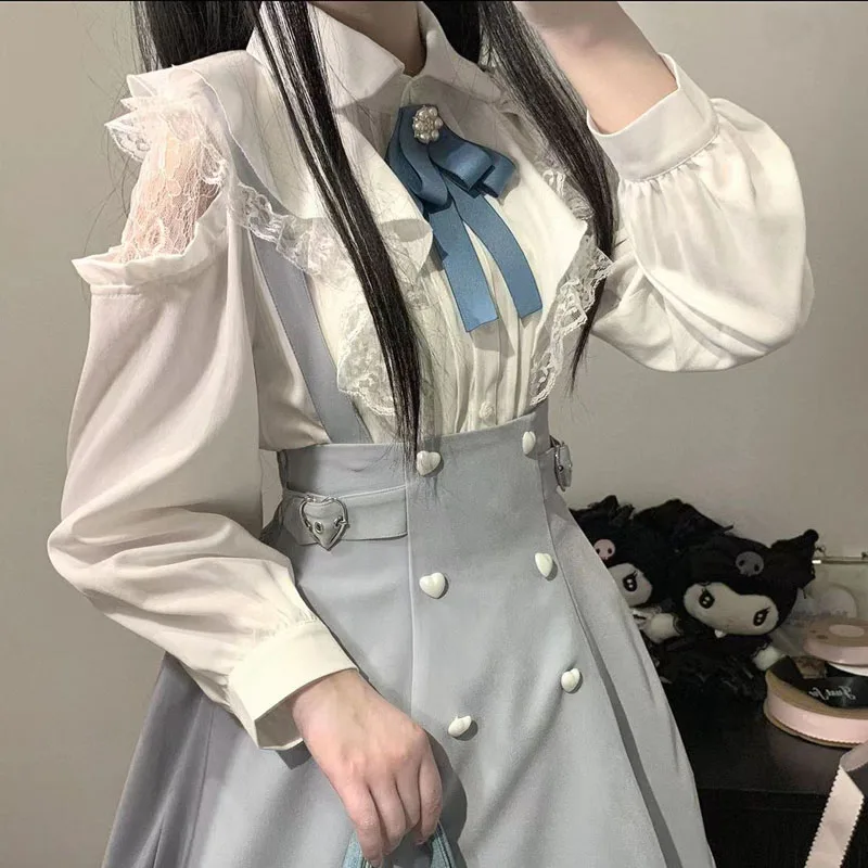 

Блузка в японском стиле, элегантная, с длинным рукавом, с кружевом, с открытыми плечами, эстетичная, топ, женская рубашка, кавайная, в стиле Лолита, Y2K, милая