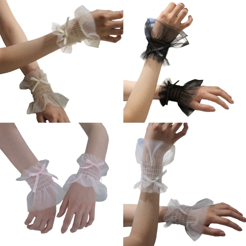 

Women Wrist Cuffs Ribbon Bow Removable Ruffled Wedding Supply Bride Dress False Sleeves Tulle Flared Sleeves Sweater Wristband