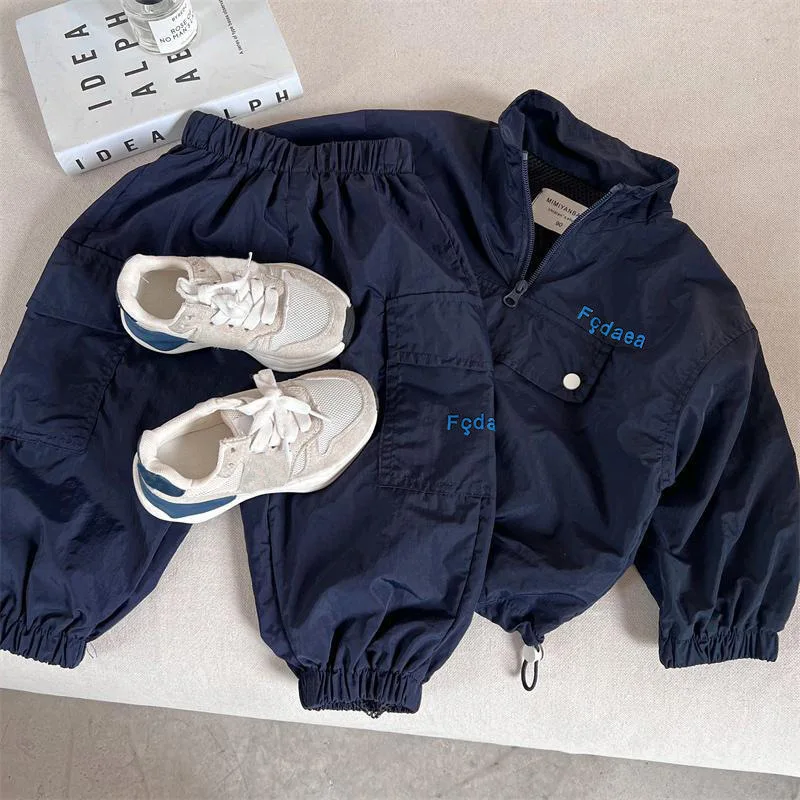 Setelan Olahraga Kasual Anak Musim Gugur 2025, Jaket + Celana 2pcs untuk Anak Laki-laki dan Perempuan, Setelan Celana Cargo Vintage untuk Anak