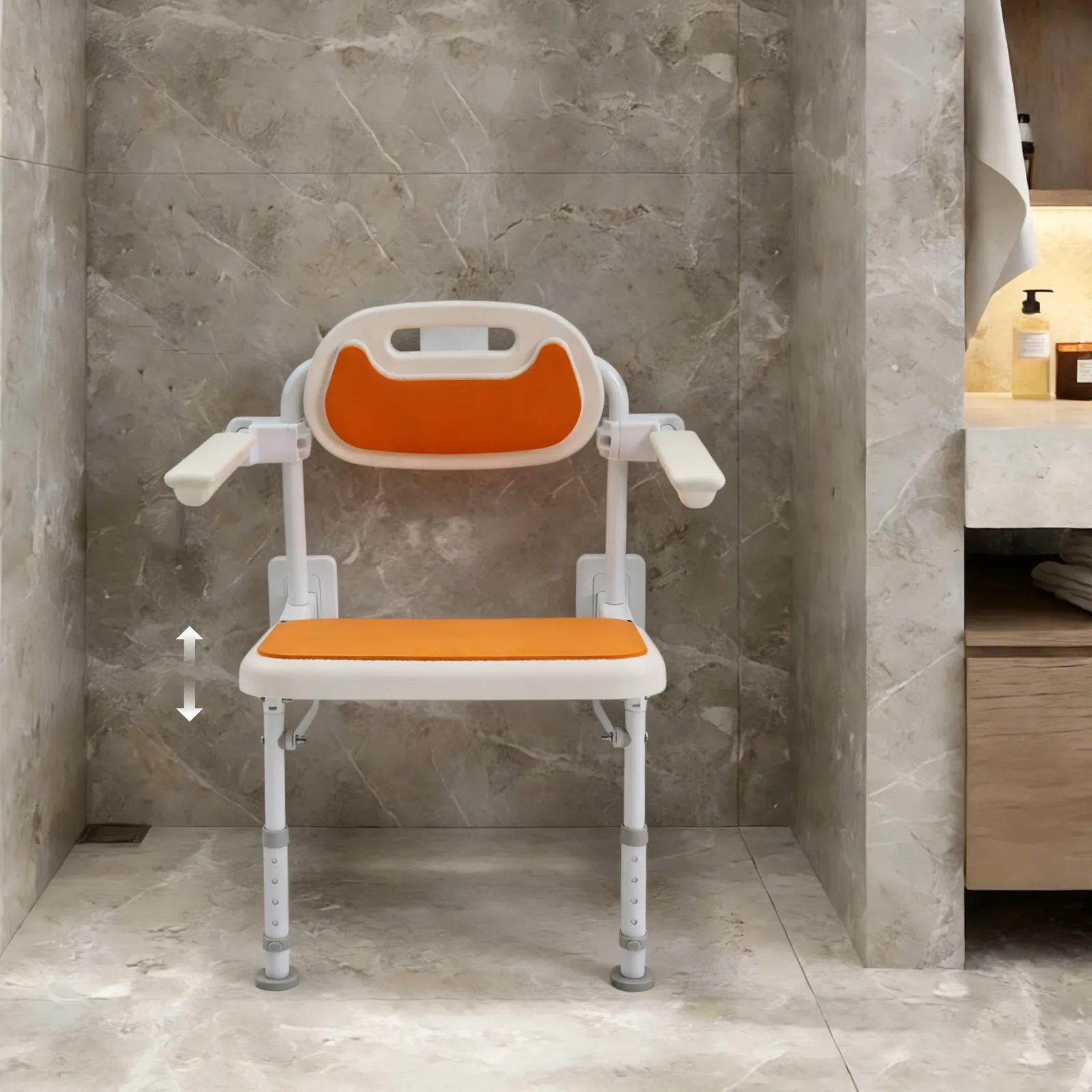 Wall Mounted Folding Shower Chair, 5-Level Height Adjustable 330lbs, Elderly Nursing Shower Seat with Backrest