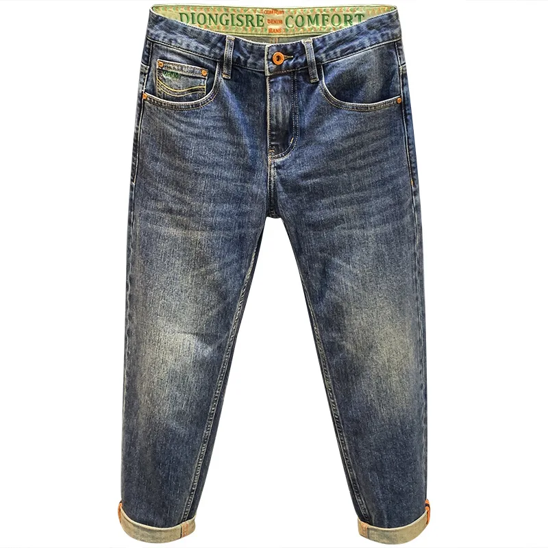 Jeans lavado high-end masculino, slim fit, magro, moda simples, bordada, confortável, calça jeans macia, outono, 2024