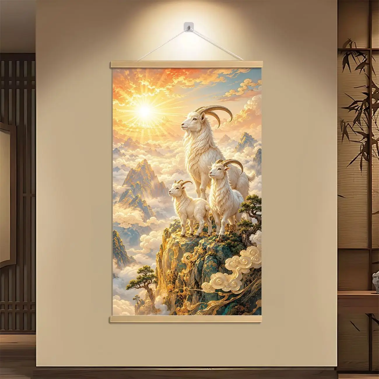 VIKAMA Three Rams Scroll Painting Chinese Zodiac Lucky Decor for Living Room Entryway Canvas Hanging Gift