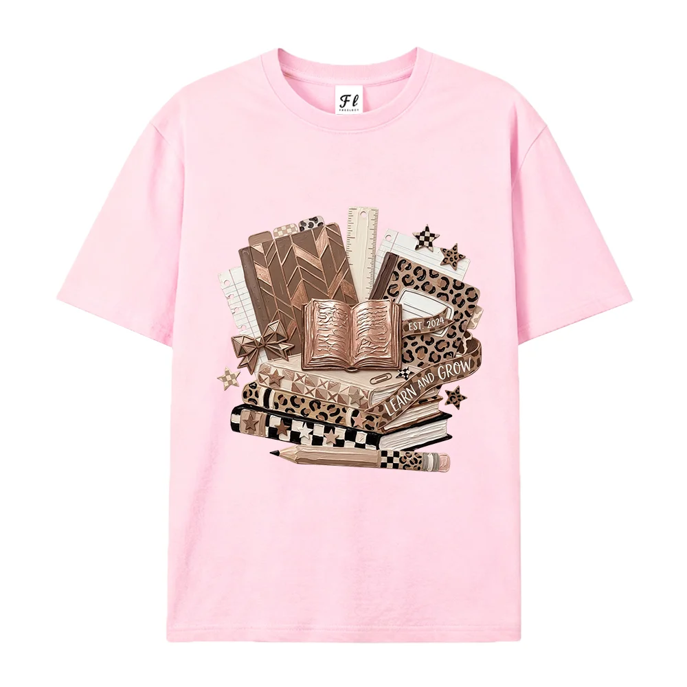 Teacher Leopard Book T Shirt Women Vintage Aesthetic Reading Graphic Tees School Student Teacher Gift Beige Summer Tops