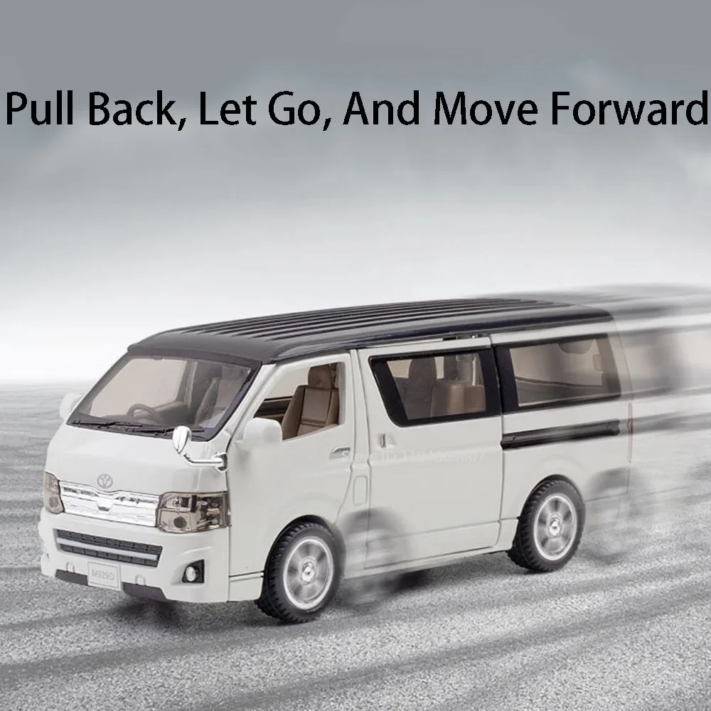 Modelli di auto giocattolo HIACE in scala 1:32 Porte MPV pressofuse in lega aperte Tirare indietro Suono Luce Veicolo da viaggio d'affari Regali per ragazzi