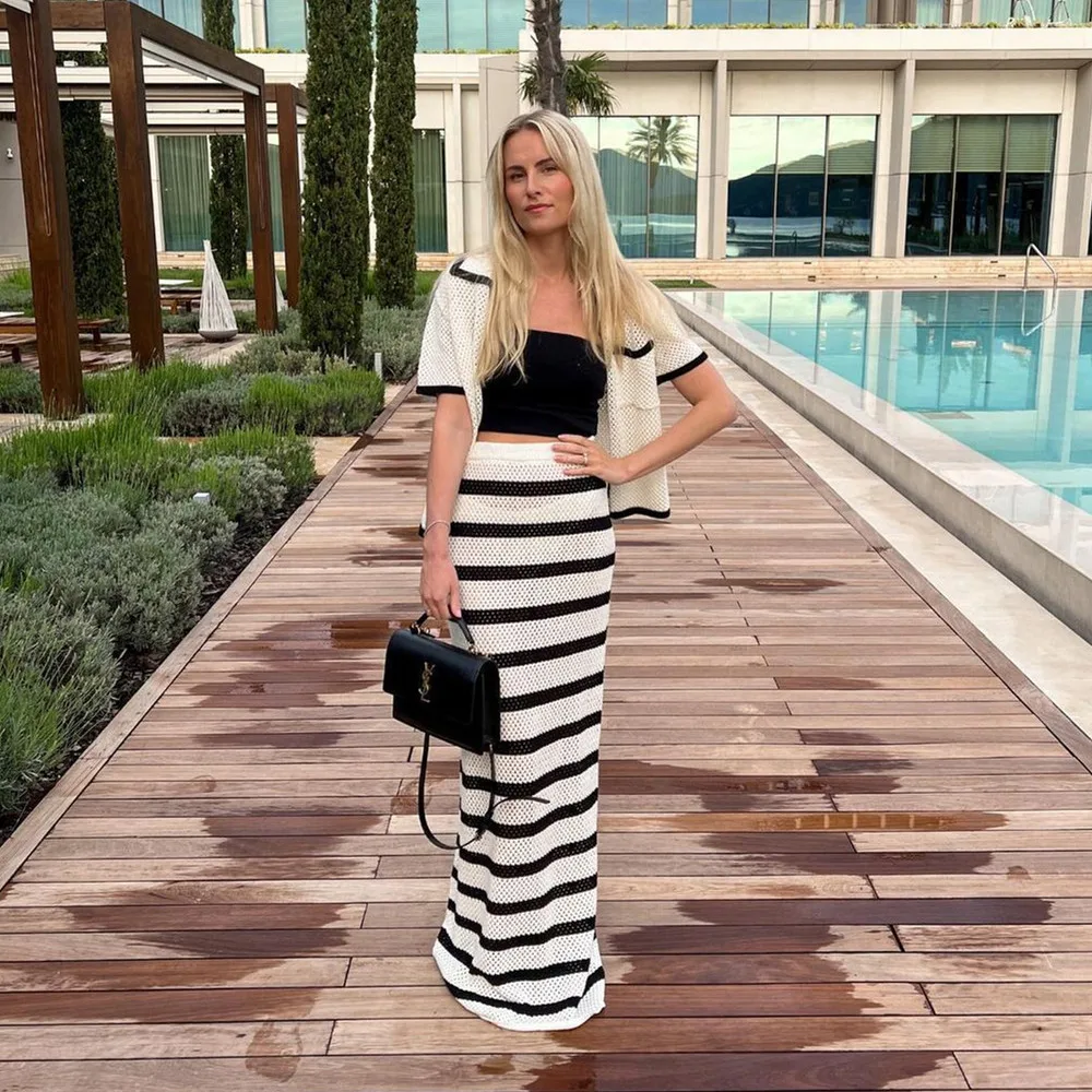 Ladies Summer Striped Knitted Beach Long Skirt Suits Women Sets Slim Bohemian Outfits Holiday Two Piece Set Beachwear Female