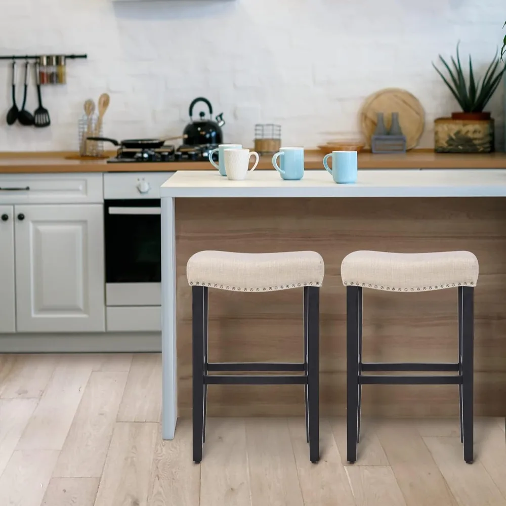 Tabouret de bar de 29 pouces avec pieds noirs (beige), siège de dégager dos nu, tabouret de comptoir assis, fabriqué avec des matériaux de la plus haute qualité, 2 pièces