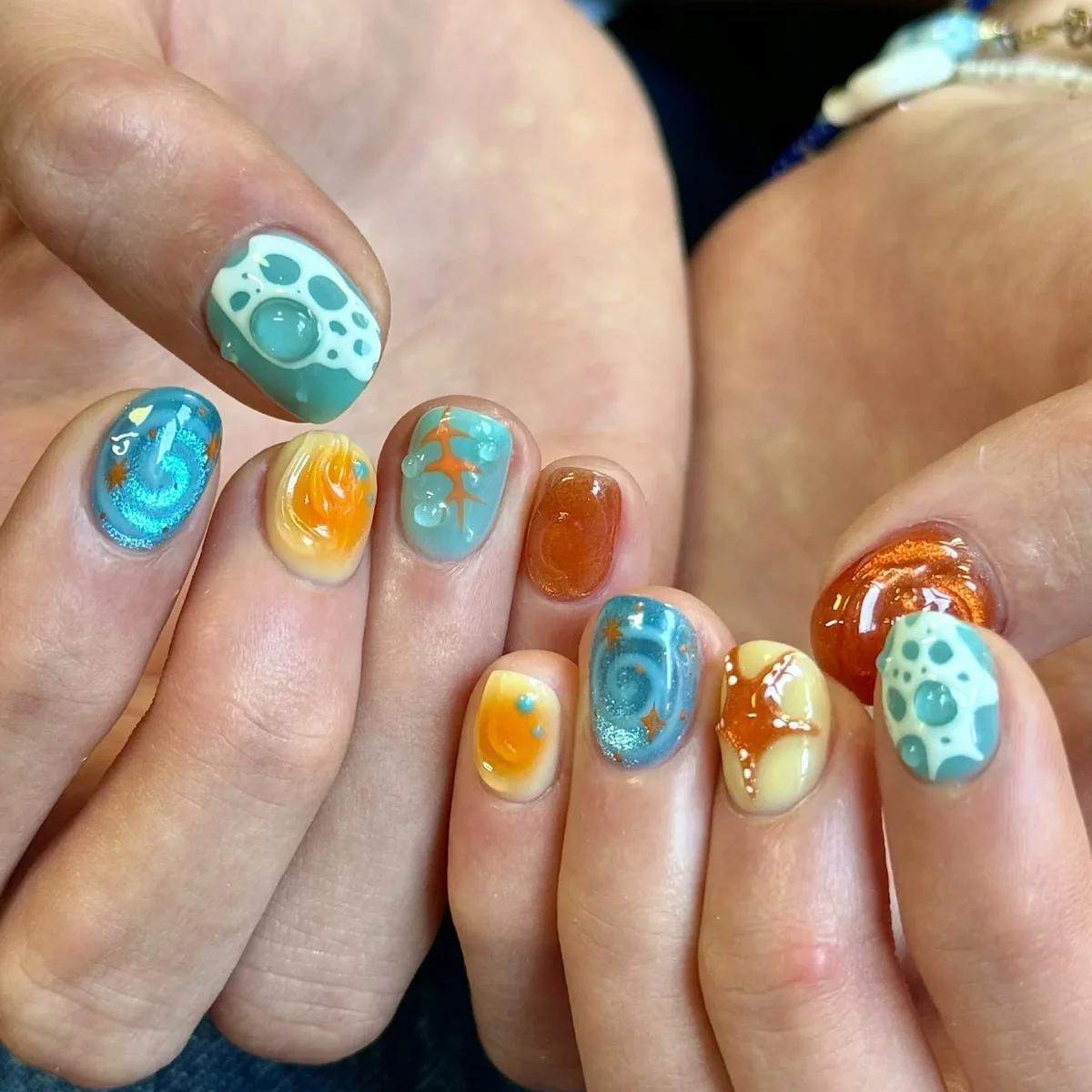 

10 шт., короткие милые накладные ногти ручной работы, блестящие кошачьи глаза, летний пляжный дизайн в виде морской звезды, милые накладные ногти, носимые накладные ногти, искусственная девушка