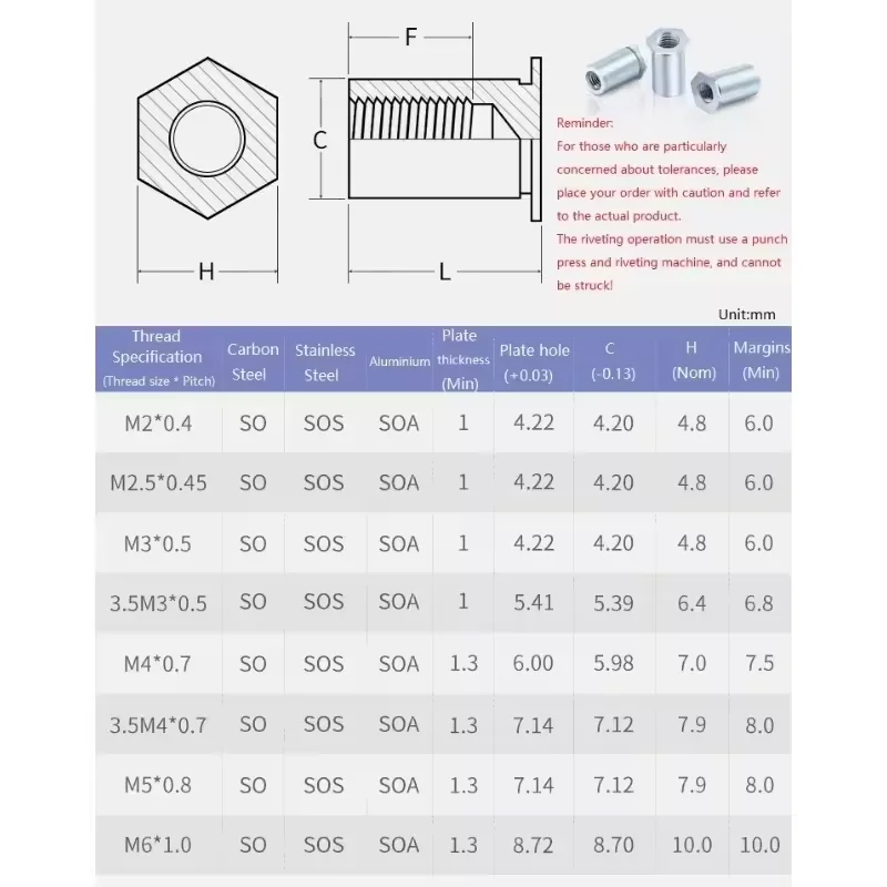 50-100pcs M2 M2.5 M3 M4 M5 M6 Zinc Plated Carbon Steel Through Hole Riveting Stud Hexagon Riveting Nut Stud Riveting Screw Stud