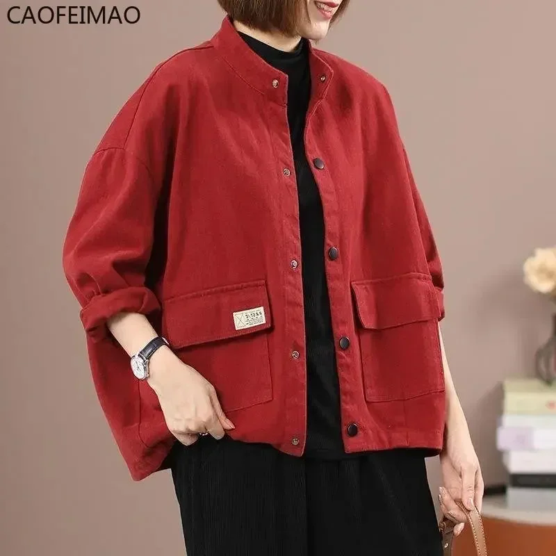 Women's Jacket Autumn Winter Casual Short Overcoat Female Solid Pockets Single Breasted Cotton Jean Jackets for Women 2025