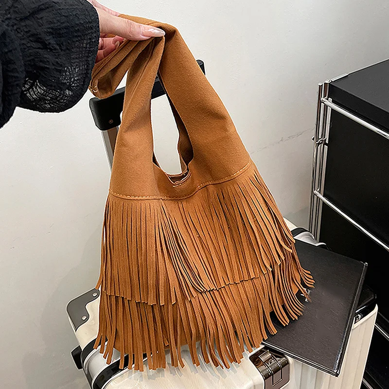 Lässige Vintage-Tasche mit großer Kapazität für Damen, neue modische Pendler-Achseltasche, vielseitige Hobo-Tasche mit Quastendesign – Detail 23