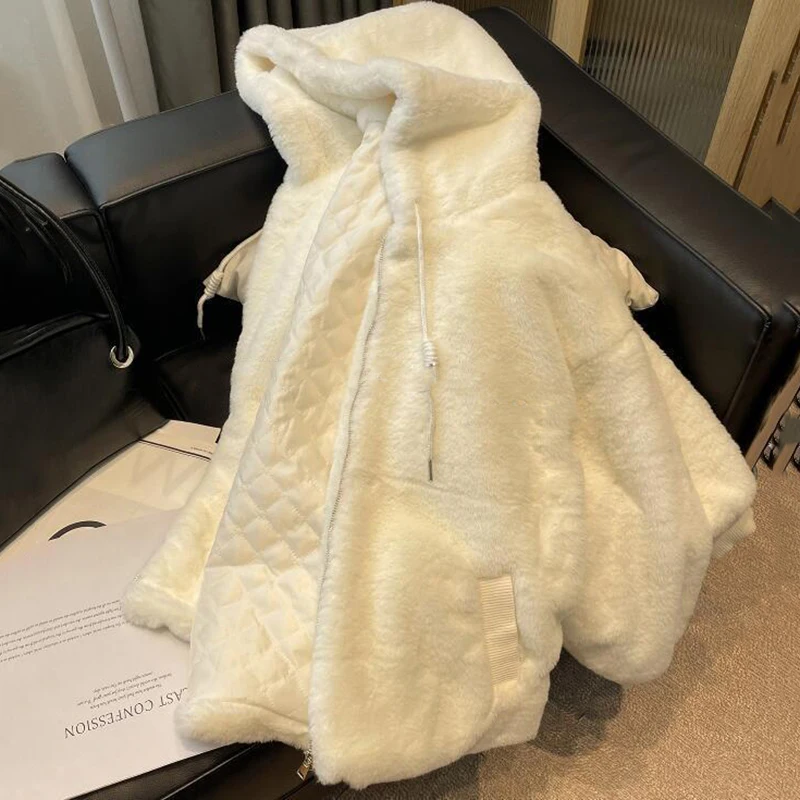 Winter Lamswol Kapmantel Vrouwen Ropa Mujer Leuke Witte Rits Jas Y2K Mode Dikke Warme All-Match Pluche bovenkleding Nieuwe