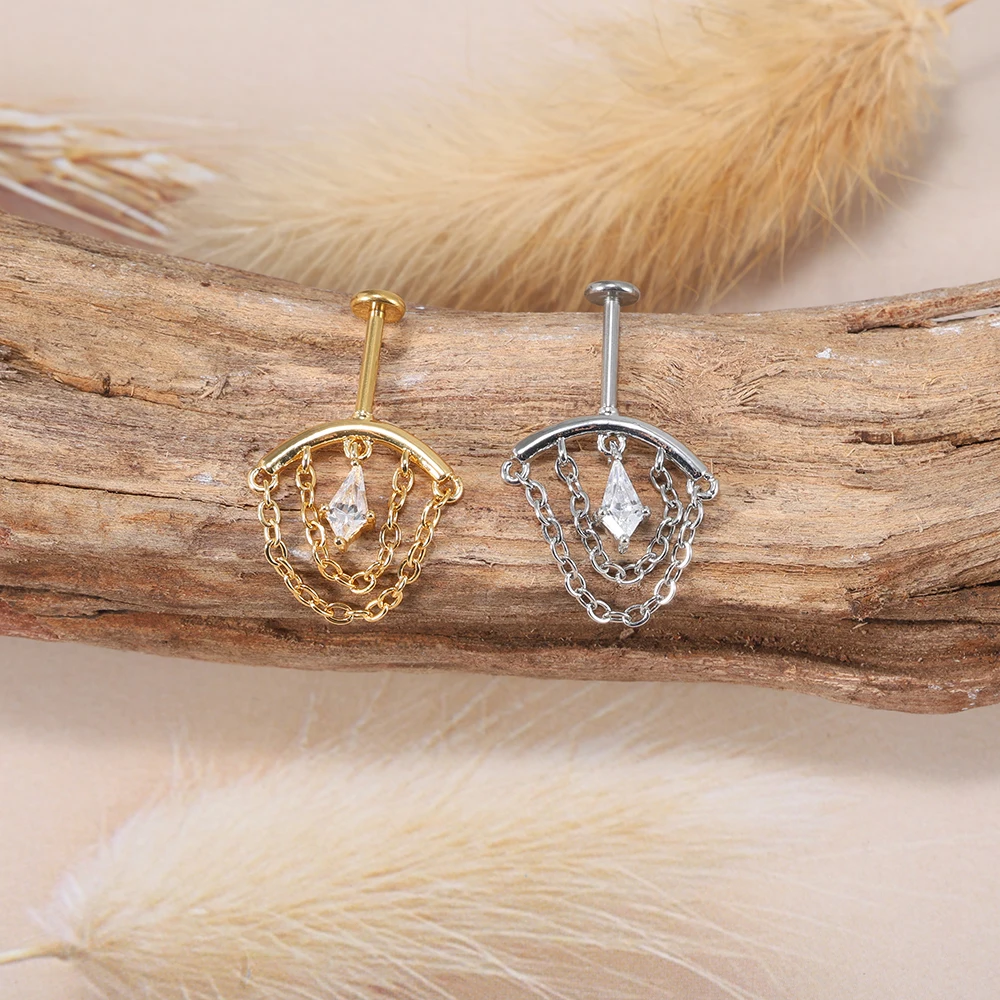 Stainless Steel Post Copper Inlaid Zircon Cartilage Stud Earring Chain Dangle Long Thread Body Piercing Jewelry Factory Wholesal