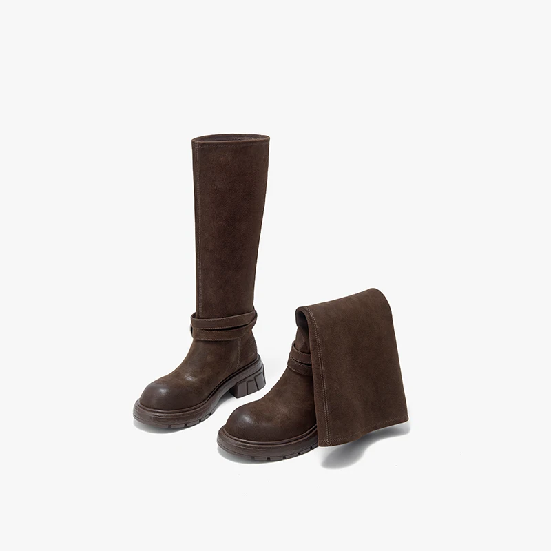 BEAUTODAY Knee High Boots Women Cow Leather Round Toe Solid Color Thick Heel Belt Buckle Retro Knight Tube Boots Handmade 01610