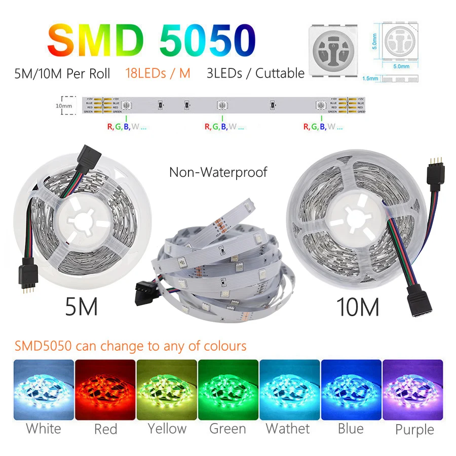 WiFi RGB LED Strip Lights 12V 5M 20M 10M RGB Tape 5050 18LEDs/M Music Sycn Works with TUYA Alexa Flexible Strip for Decoration