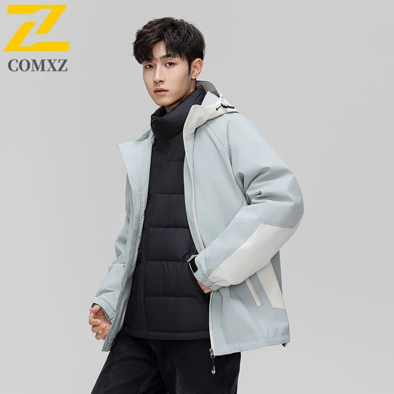COMXZ Winter Men Down Jacket Classic Hooded White Duck Down Warm Windproof Coat Fashion Commute Office Lightweight Parka 2025
