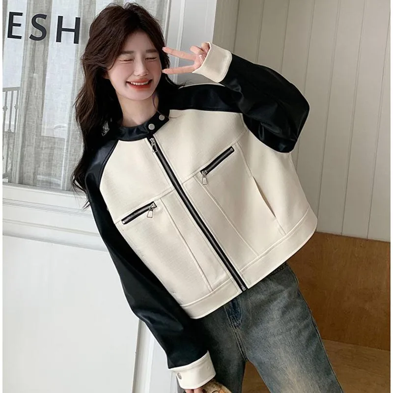 Jaqueta de Couro Feminina Vintage Estilo China-Chic com Contraste Preto e Branco, Design Solto, Manga Longa, Moda Primavera Outono