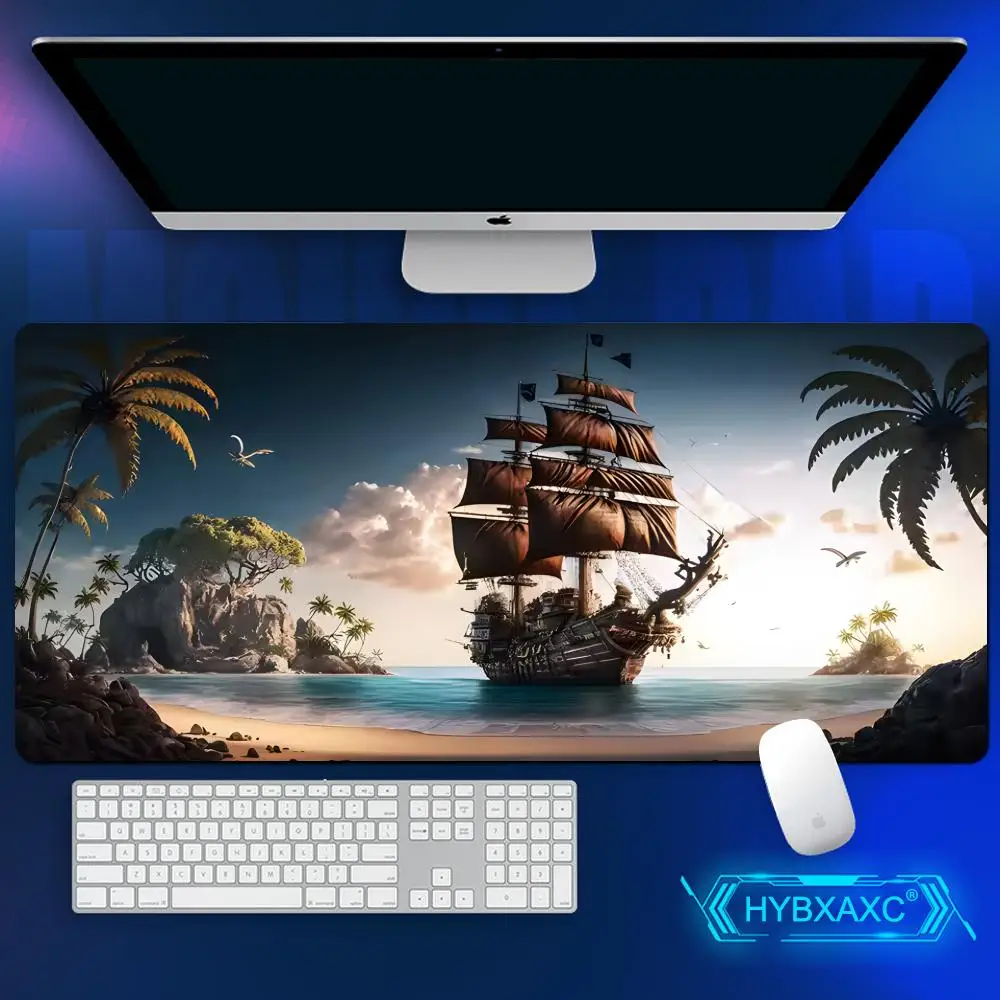 Pirate Ship Gaming Table Big Fantasy Mousepad，Gamer Desk Setup Room Essential Pirate Ship Decor，Pirate Lovers Gift Large DeskMat