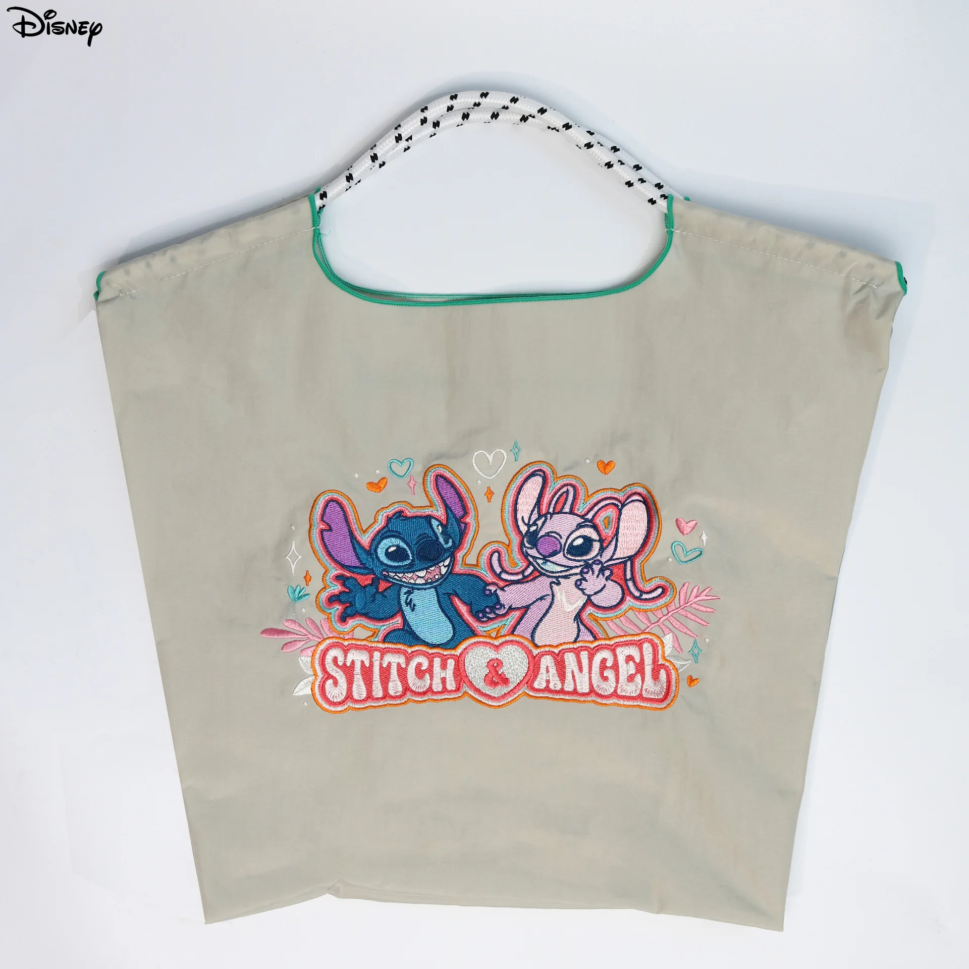 Disney Stitch & Angel Nylon Single Shoulder Tote Bag, Large Capacity Handbag, Embroidered Flower Crossbody Shopping Bag