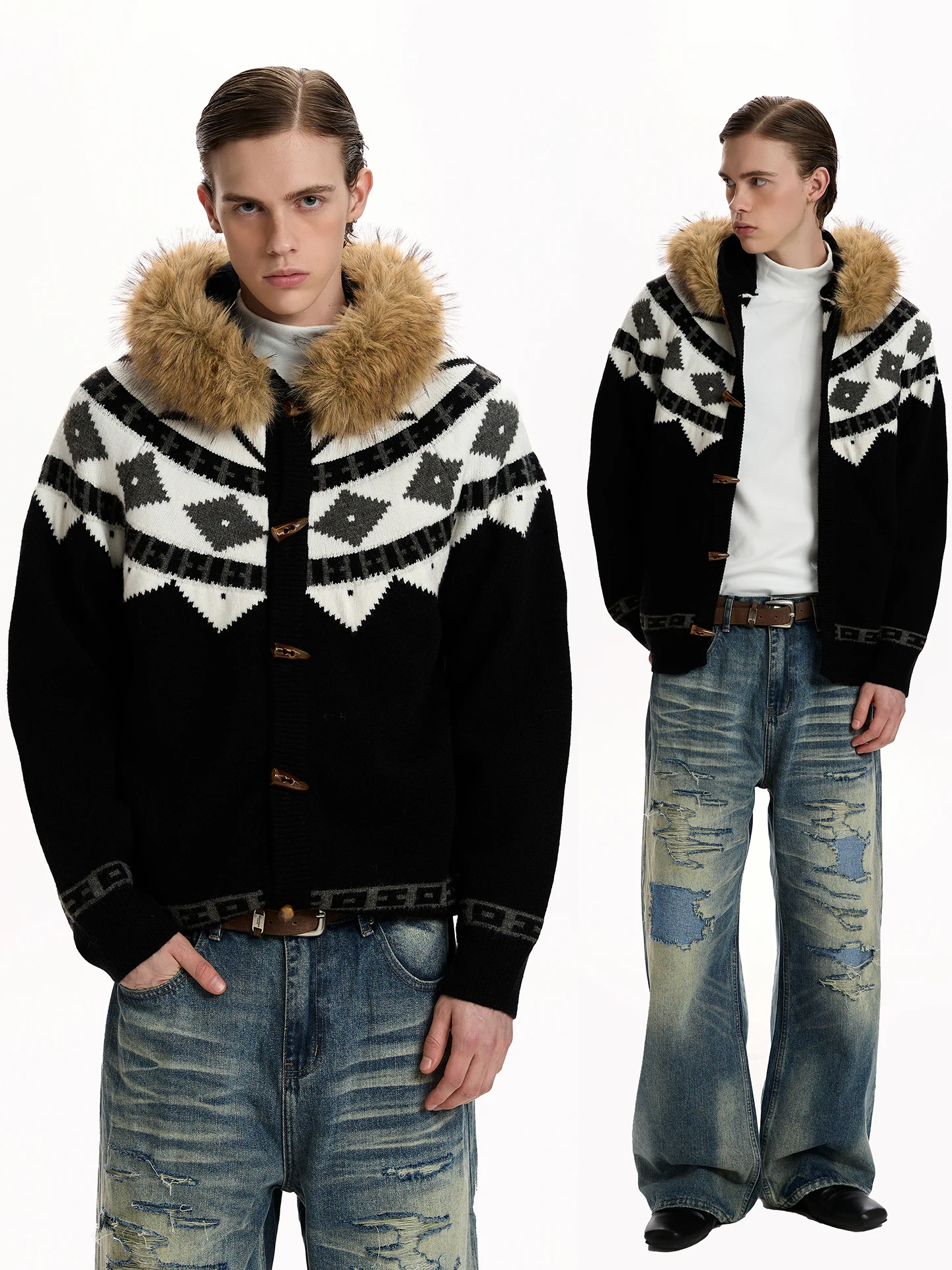 

Новый американский ретро-свитер-пальто в стиле Fair Isle с отстегивающимся меховым воротником, свободный крой, теплый, утолщенный, универсальный (для мужчин и женщин)