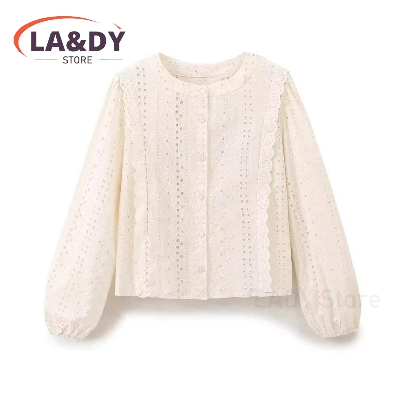 Shirt Women 2024 Fashion Hollow Out Embroidery Female Casual Long Sleeve Simple Blouse Tops