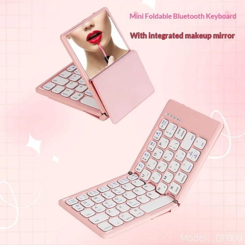 

Tablet Keyboard Portable Bluetooth Keyboard Pink With Mirror Foldable Female Tablet Computer Mobile Phone Wireless Keyboard