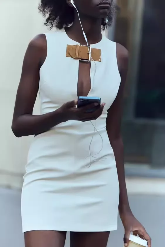 Vestido Slimming de Primavera com Design Novo e Cinto, Estilo E para o Dia a Dia, Saia Curta de Fibra de Poliéster com...