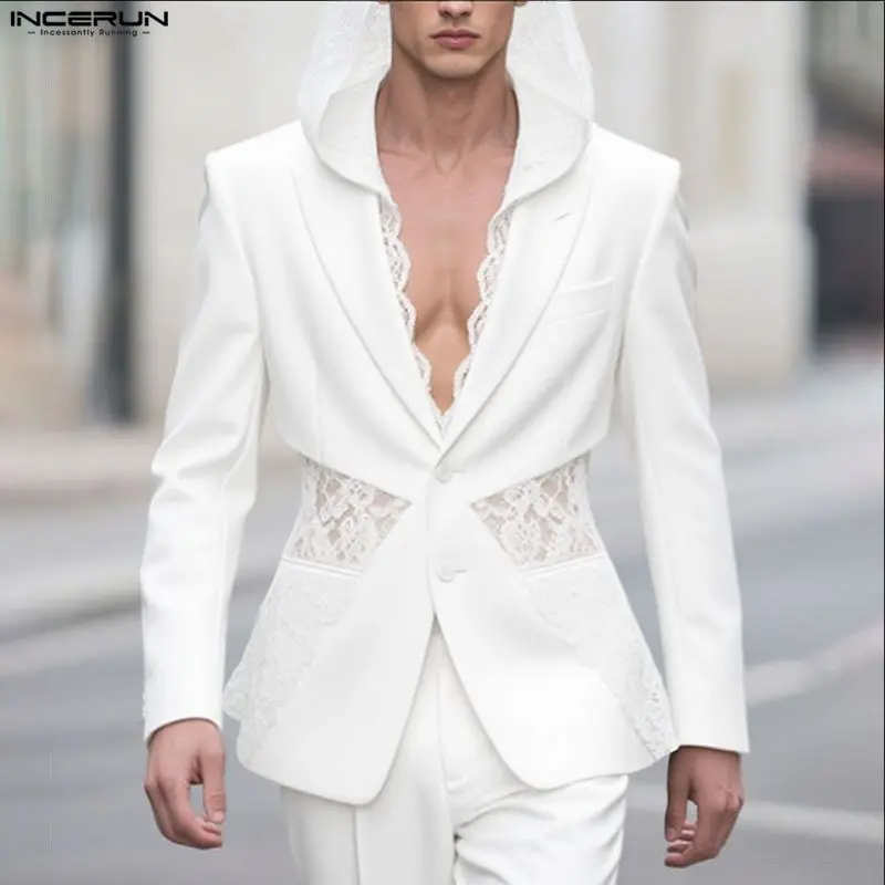 INCERUN Men Blazer Lace Patchwork See Through Hooded Long Sleeve Male Suit Streetwear Button Fashion Sexy Male Thin Coats S-5XL
