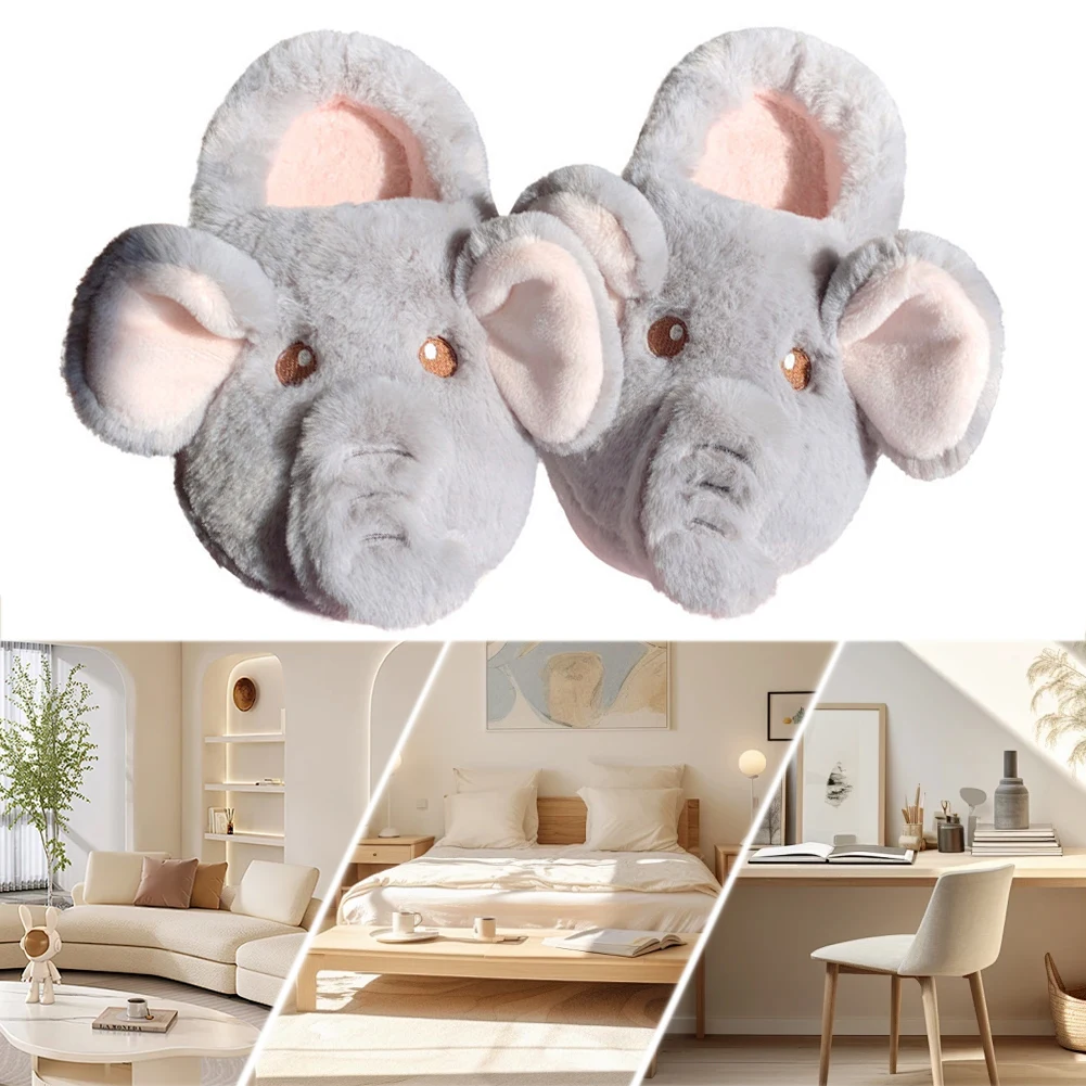 Plush Elephant Slippers Slip-on House Shoes Comfortable Thermal Home Slippers Non-Slip Fuzzy Elephant Slippers for Autumn Winter