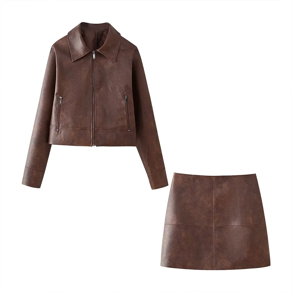 INS Fashion Turn Down Collar Zipper Pocket Design Long Sleeves Short Coat Mini Skirt Women Vintage Brown Suit Set ZATAF 2024 New