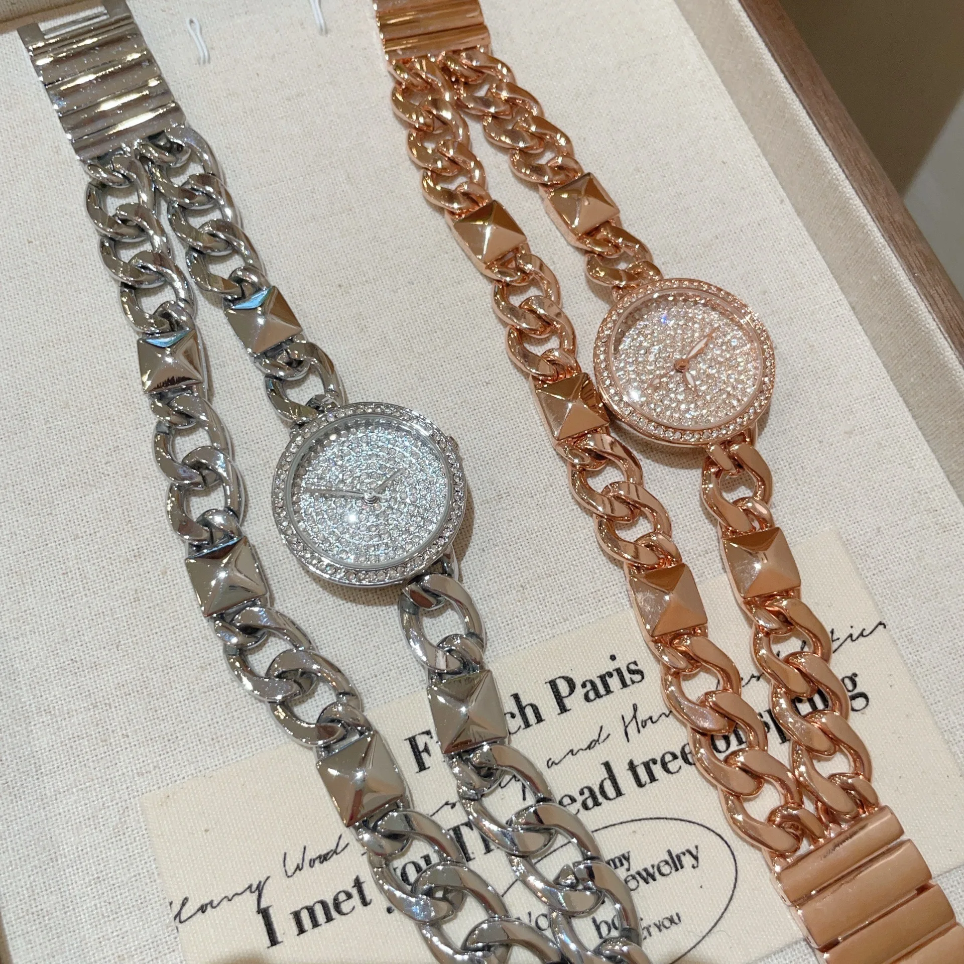 KAIRIS Women's Luxury Rhinestone Quartz Watch Round Crystal Dial Double Chain Bracelet Fashion Jewelry Wristwatch