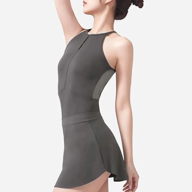 ชุดบอดี้สูทบัลเลต์แบบคล้องคอสำหรับผู้หญิง ชุดบอดี้สูทเต้นรำแบบเปิดหลัง ชุดบอดี้สูทโยคะสำหรับนักกายกรรม ชุดบอดี้สูทยิมนาสติกแบบไม่มีแขน