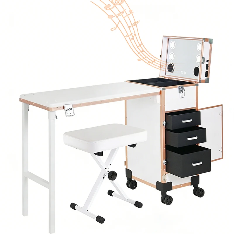 Movable Nail Table With Lighted Mirror Manicure Desk Drawer Makeup Case OEM/ODM Factory Price