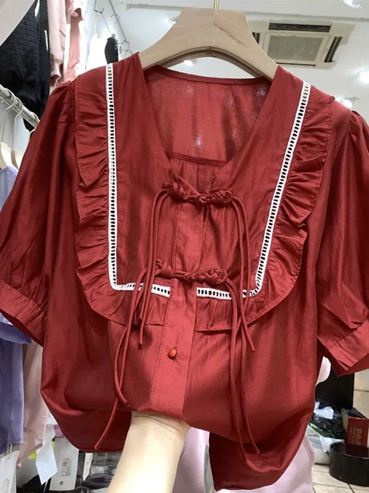 

Slimming Short Sleeve Chiffon Shirt for Women Summer Large Size Fashionable Chinese Style V-Neck High Waist Loose Fit Shirt