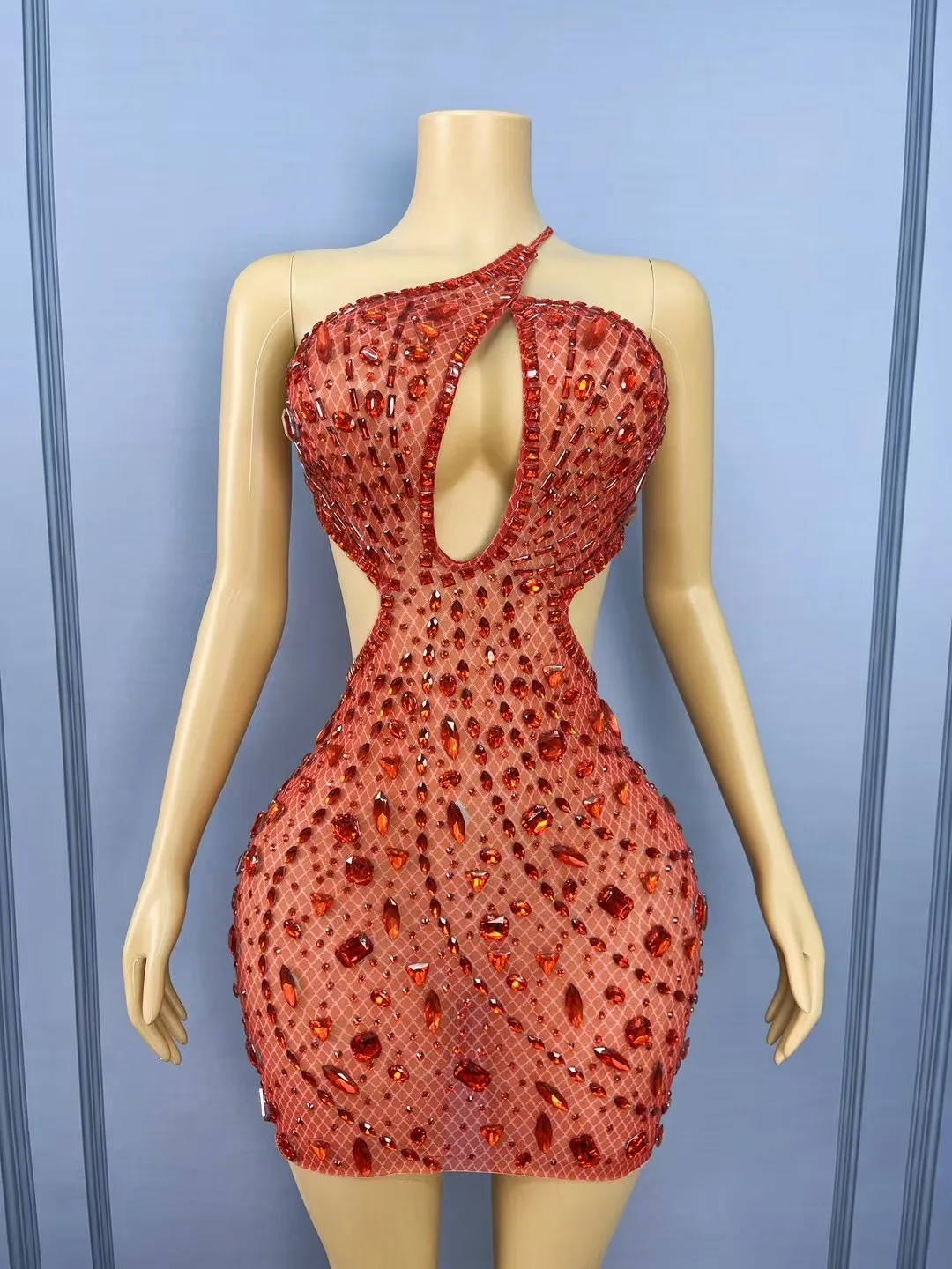 Vestido Sexy Sensual para mujer, vestido ceñido con tachuelas de cristal recortado, Mini vestido transparente para discoteca de noche, ropa de dormir, disfraces de Showgirl