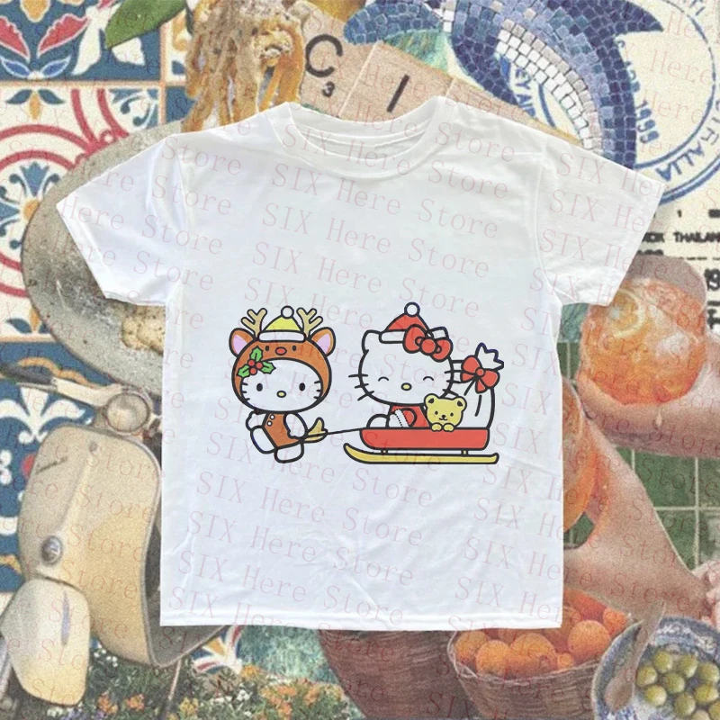 Gothic Christmas Hello Kitty Woman T-shirts Crop Top Women 90s Clothes Vintage Female Clothing Trashy Y2k 2000s Tops Kawaii Goth