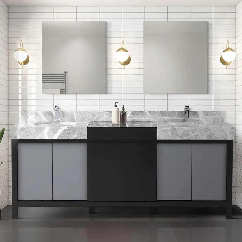 

80 in Double Bath Vanity with Castle Grey Marble Top, Black & Grey Finish, 22 in Depth